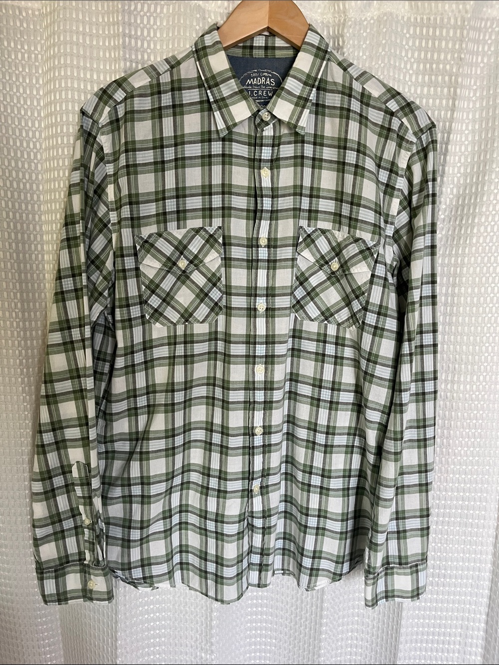 J.Crew Madras Plaid Button Front Shirt Green White Cotton Men's Large L